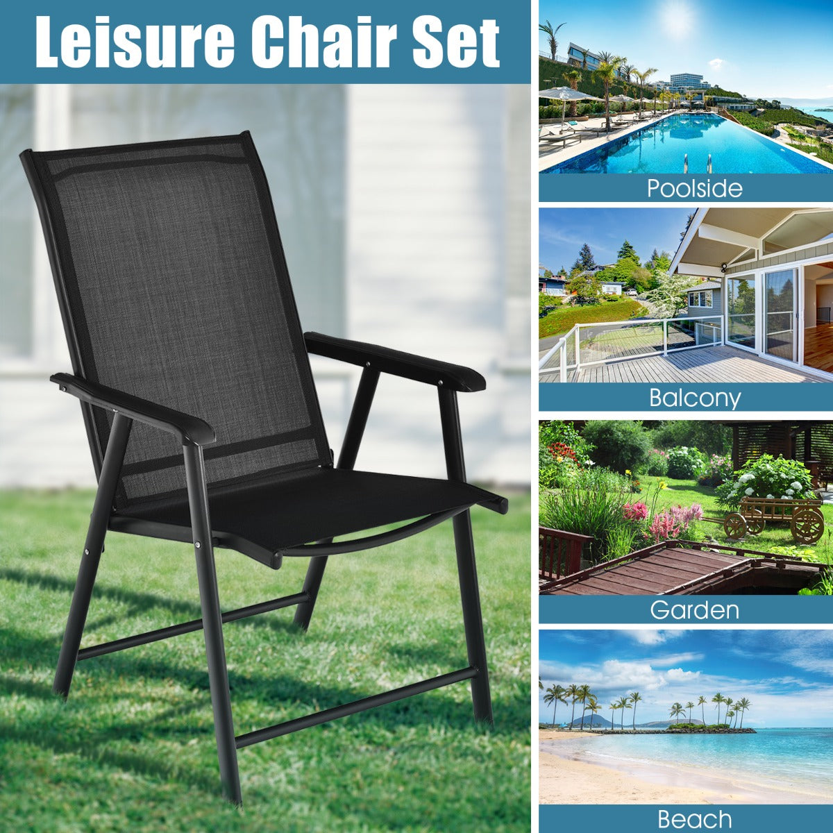 LIVSK Set van 2 Opvouwbare Tuinstoelen - Robuust Metalen Frame - Ergonomische Rugleuning - Hoog Comfort - Tot 150 kg - Zwart