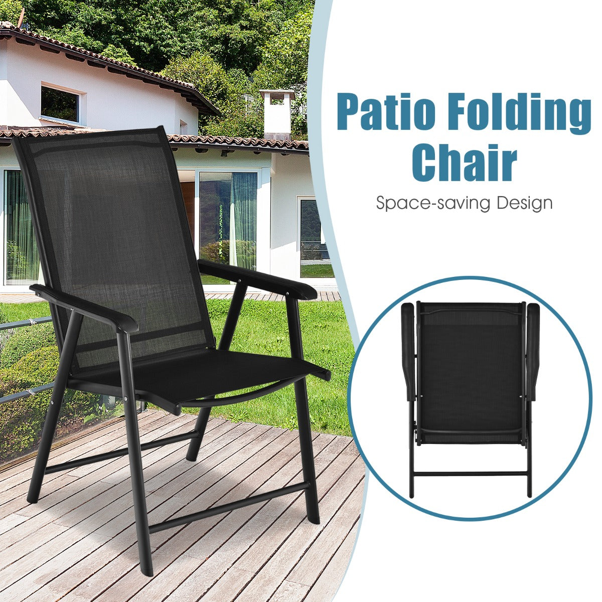 LIVSK Set van 2 Opvouwbare Tuinstoelen - Robuust Metalen Frame - Ergonomische Rugleuning - Hoog Comfort - Tot 150 kg - Zwart