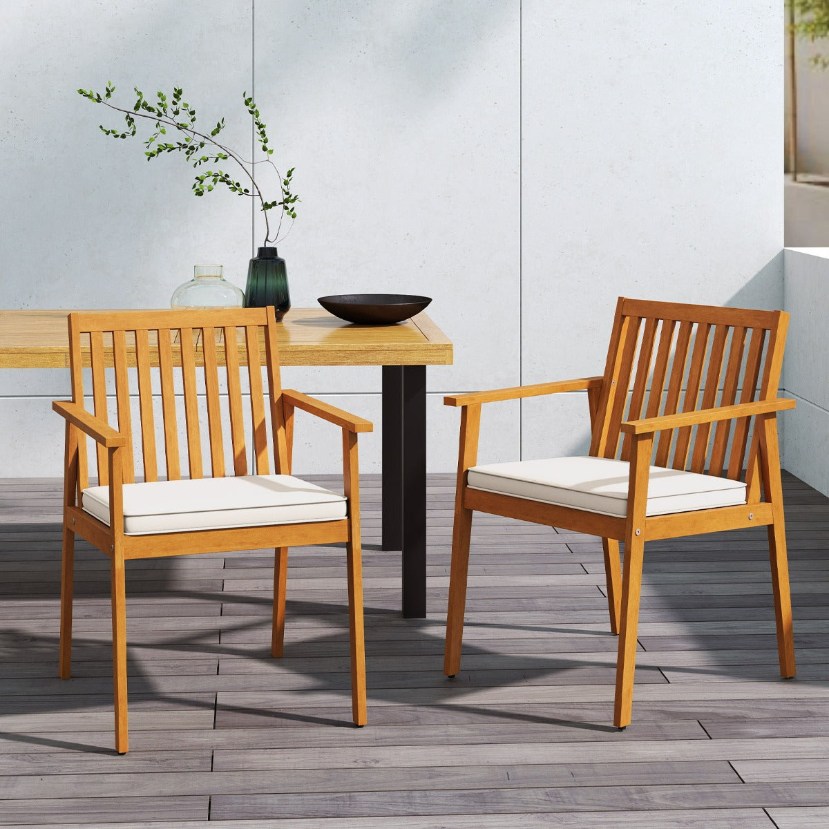 Livsk costway set van 2 tuinstoelen outdoor stoelen van acaciahout met afneembaar gestoffeerd kussen naturel
