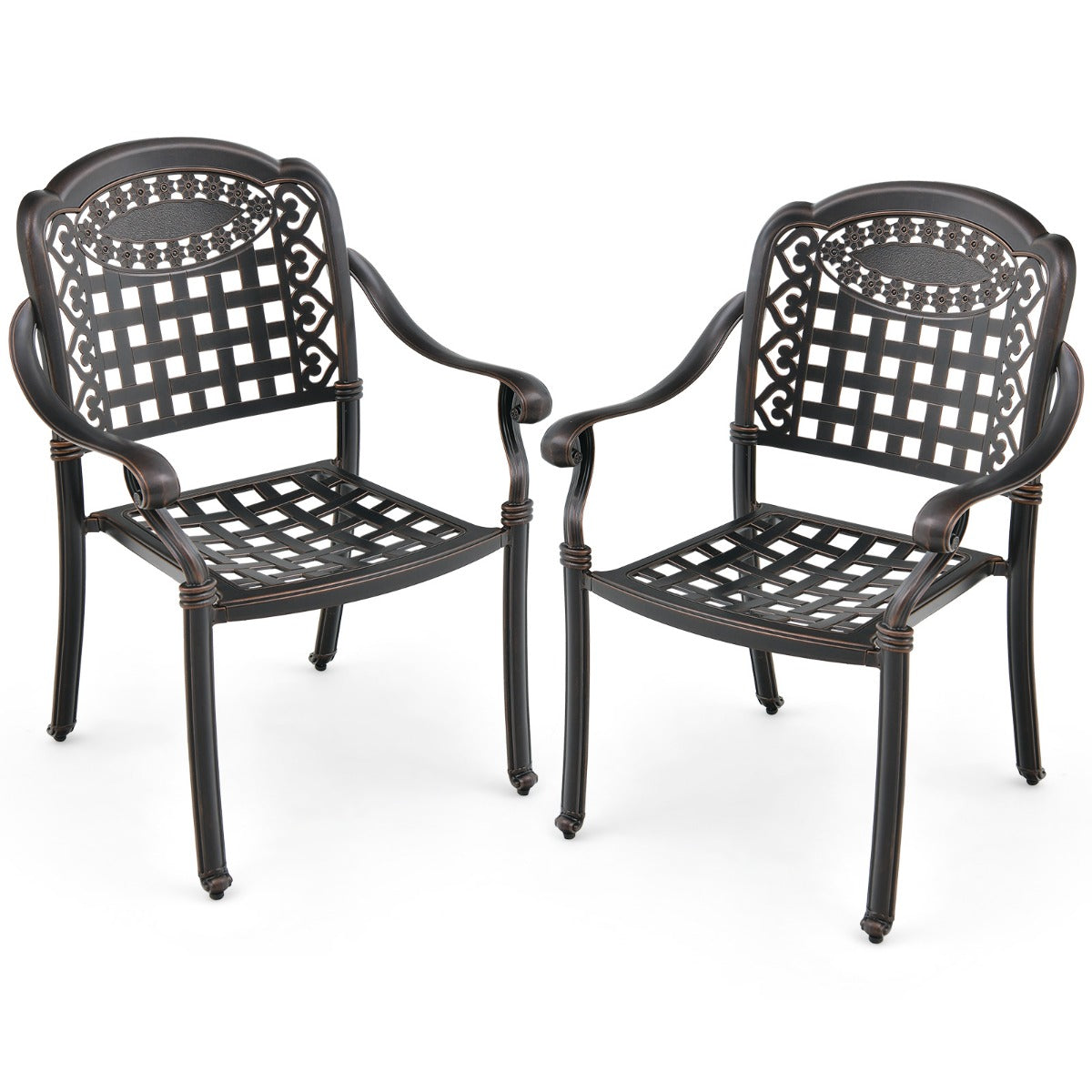 Livsk costway set van 2 tuinstoelen van gegoten aluminium en eettafel van aluminium stapelbare eetkamerstoelen en ronde tuintafel