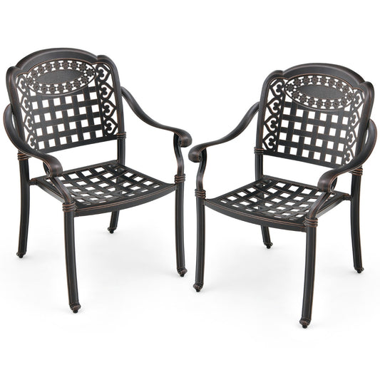 Livsk costway set van 2 tuinstoelen van gegoten aluminium en eettafel van aluminium stapelbare eetkamerstoelen en ronde tuintafel
