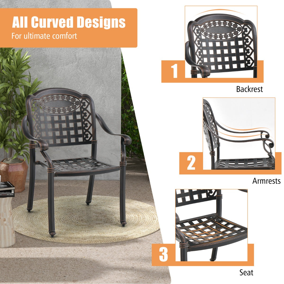 Livsk costway set van 2 tuinstoelen van gegoten aluminium en eettafel van aluminium stapelbare eetkamerstoelen en ronde tuintafel 6