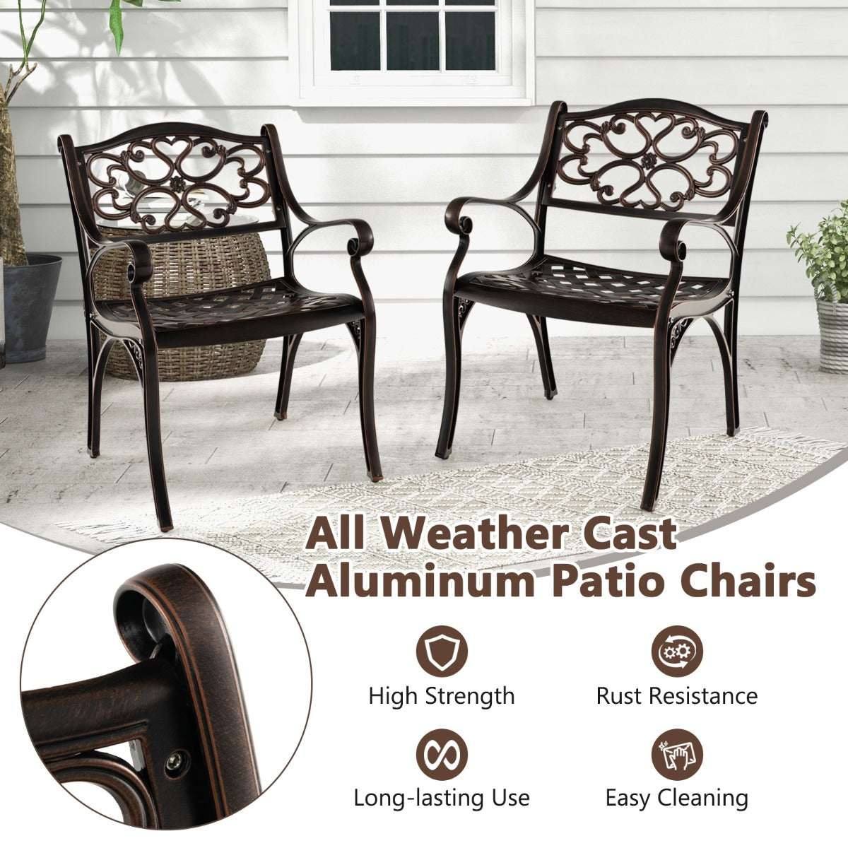 LIVSK 2-delige Terrasstoelen Set - Weerbestendig Gegoten Aluminium - Ergonomisch en Stabiel - Voor Buiten - Brons