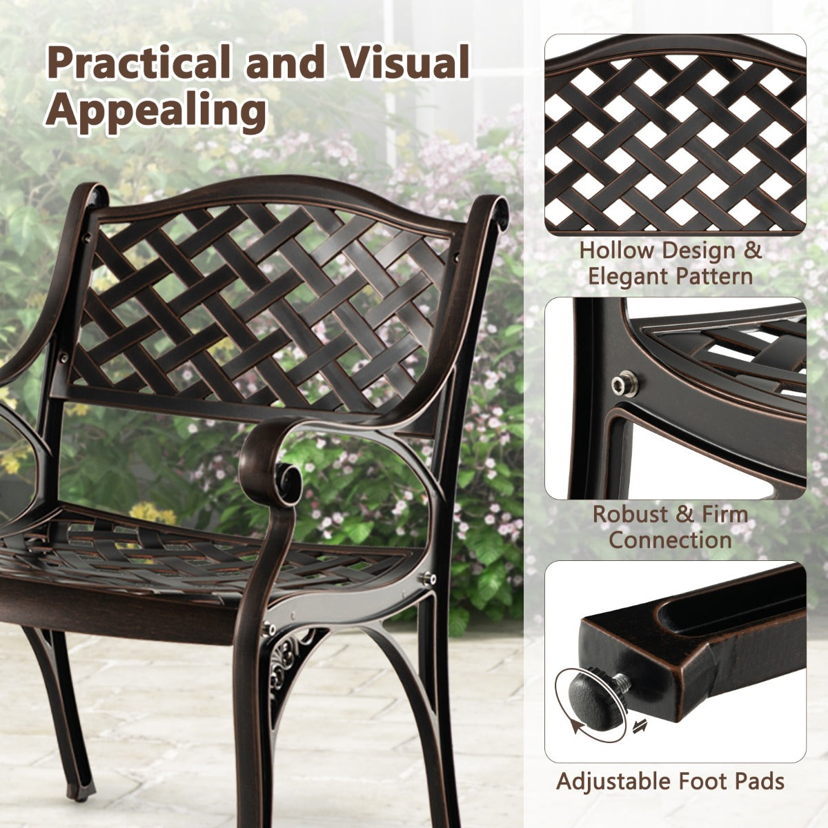 LIVSK Weerbestendige Terrasstoelen van Gegoten Aluminium - Ergonomische Ondersteuning - Verstelbare Voetkussens - Vintage Brons