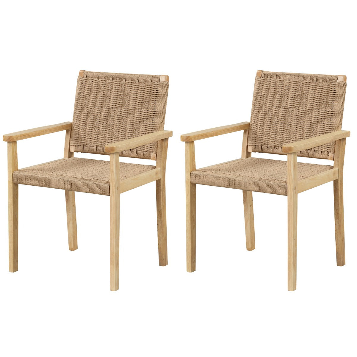 LIVSK Set van 2 Tuinstoelen - Massief Rubberhout - Gevlochten Papieren Touwzitting - Antislip Voetpads - 60 x 58 x 88 cm - Natuur