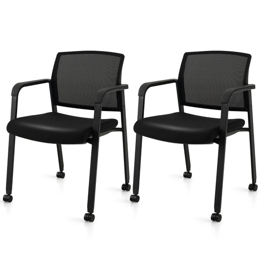 LIVSK Ergonomische Stapelstoelen Set van 2 - Gebogen Netrugleuning - Gewatteerde Zitting - Wielen - Tot 150 kg - Zwart