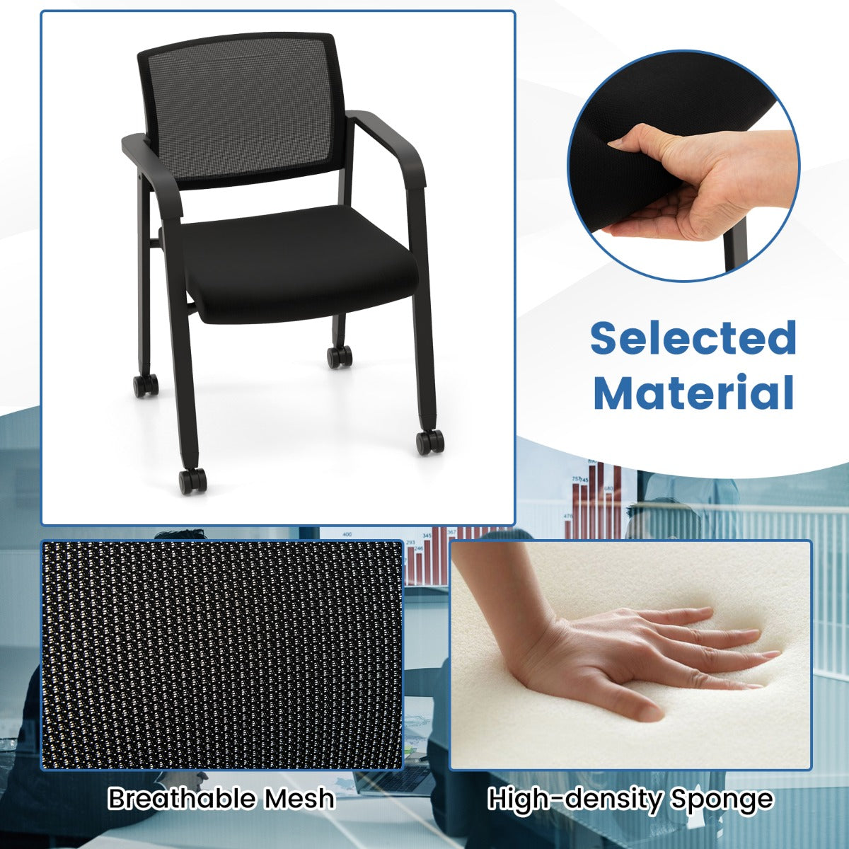 LIVSK Ergonomische Stapelstoelen Set van 2 - Gebogen Netrugleuning - Gewatteerde Zitting - Wielen - Tot 150 kg - Zwart