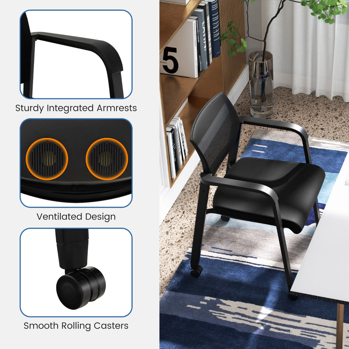 LIVSK Ergonomische Stapelstoelen Set van 2 - Gebogen Netrugleuning - Gewatteerde Zitting - Wielen - Tot 150 kg - Zwart