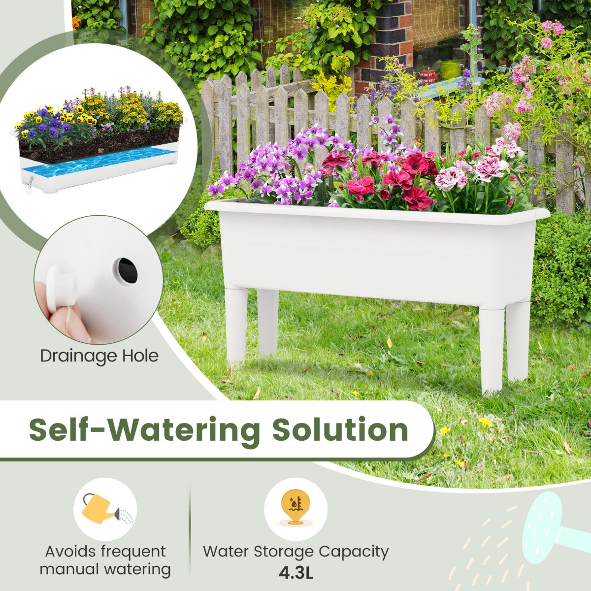 LIVSK Zelfwatergevende Verhoogde Plantenbakken - 29L Inhoud - Afneembare Poten - Weerbestendig PP - 80 x 30 x 40 cm - Wit