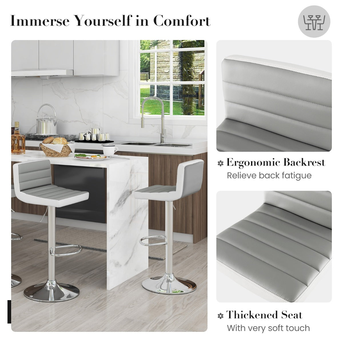 LIVSK Verstelbare Draaibare Barkrukken Set - Gewatteerde Rugleuning - Slijtvast PU-leer - Tot 150 kg - Grijs/Wit