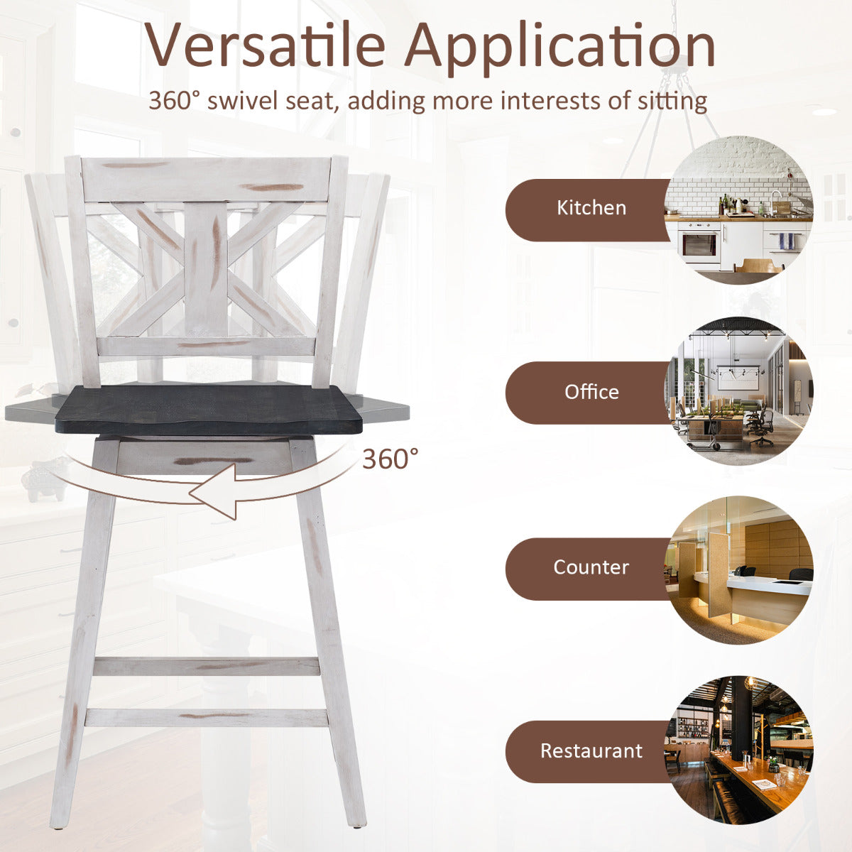 LIVSK Draaibare Barkruk Set van 2 - Ergonomische Rugleuning - Antislip - Tot 97 kg - Vintage Stijl - Wit