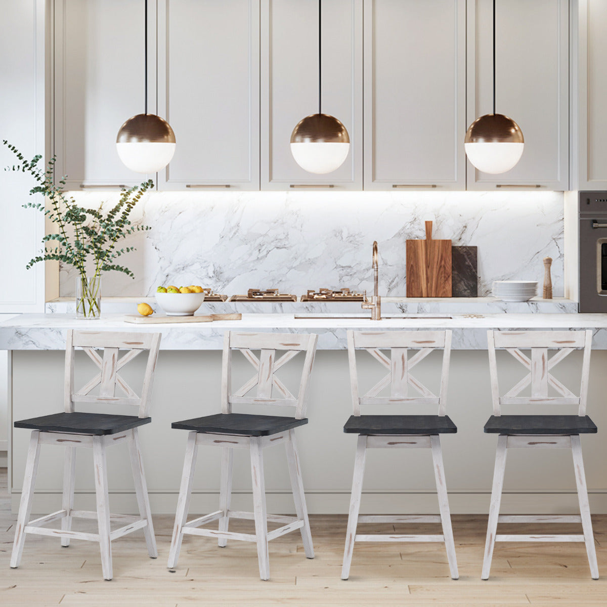 LIVSK Draaibare Barkruk Set van 2 - Ergonomische Rugleuning - Antislip - Tot 97 kg - Vintage Stijl - Wit