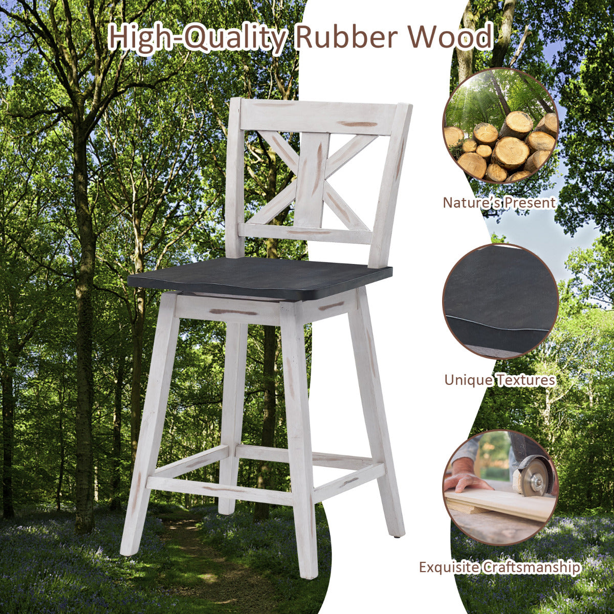 LIVSK Draaibare Barkruk Set van 2 - Ergonomische Rugleuning - Antislip - Tot 97 kg - Vintage Stijl - Wit