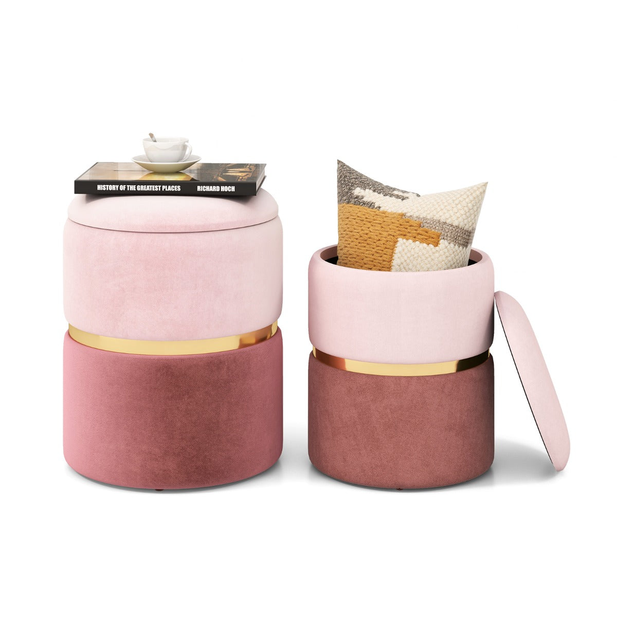 LIVSK Set van 2 Ronde Fluwelen Krukken met Opbergruimte - Tweekleurige Stof - Gouden Ring - Comfortabel en Stapelbaar - Roze
