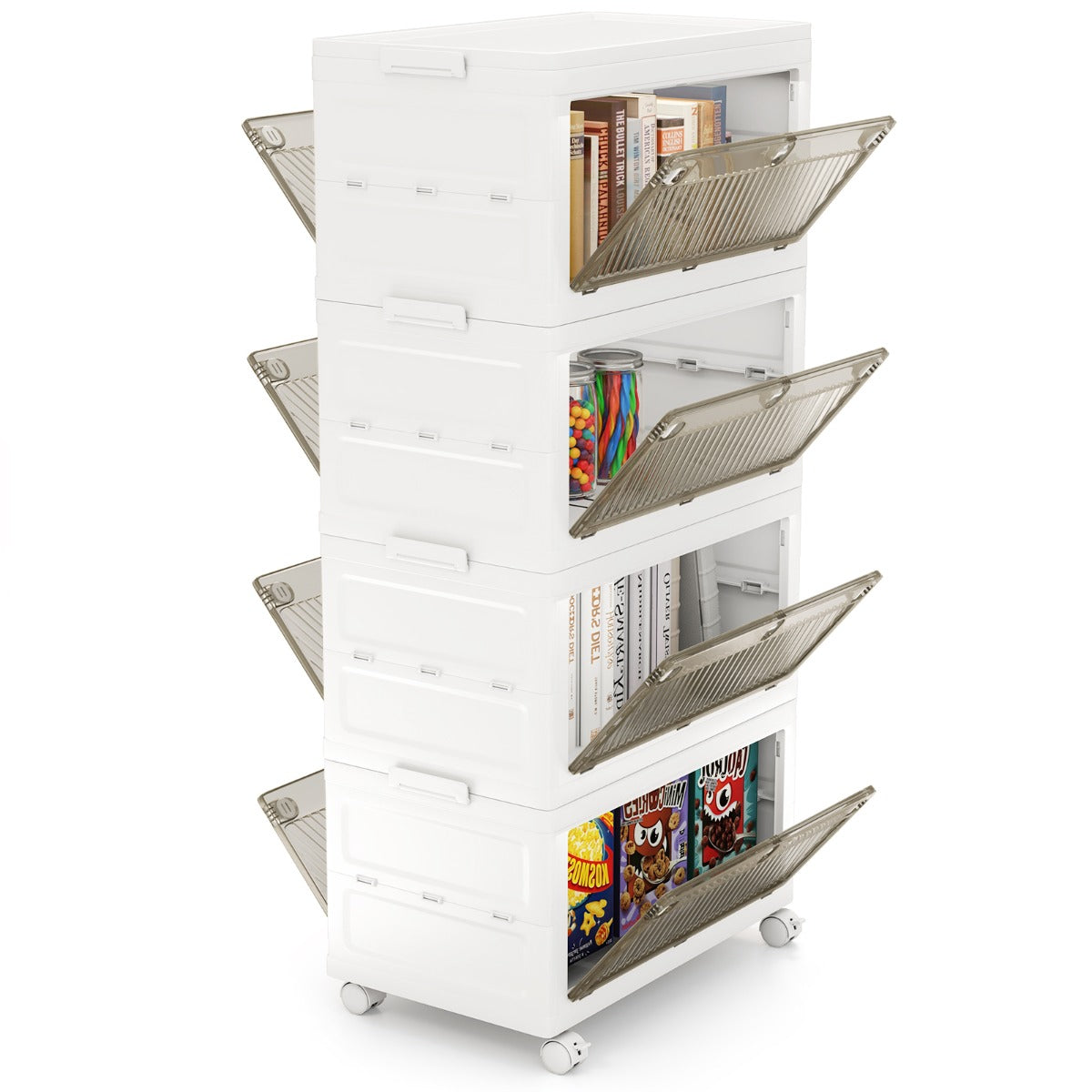 LIVSK Opvouwbare Opbergbakken - Snelle Montage - Stapelbaar met Dubbele Deuren - 126 L/168 L - Met Wielen - Wit + Bruin