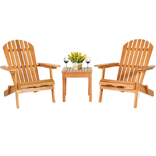 LIVSK 3-delige Adirondack Stoel en Bijzettafelset - Massief Eucalyptushout - Inklapbaar - Hoog Comfort - Voor Buiten - Naturel