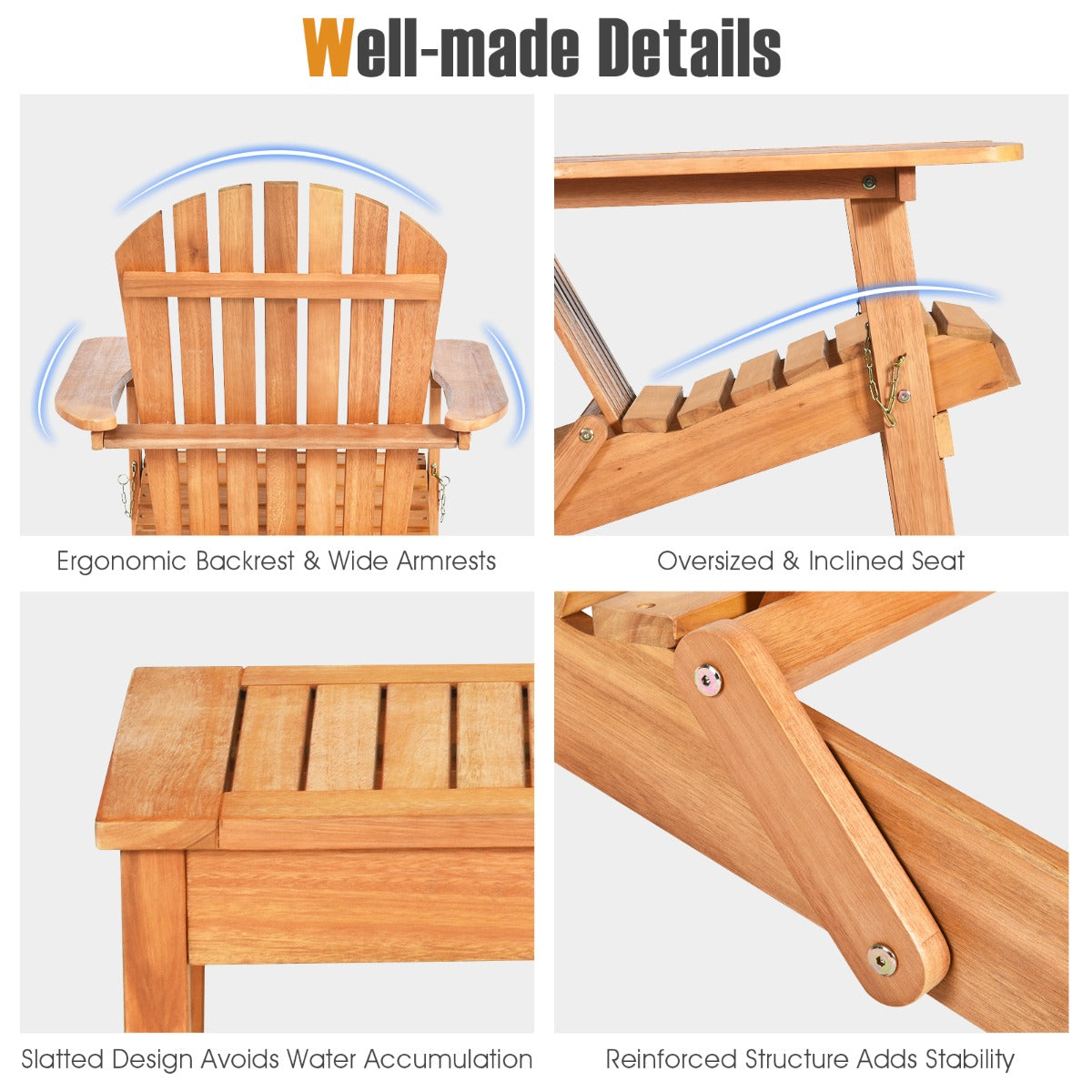 LIVSK 3-delige Adirondack Stoel en Bijzettafelset - Massief Eucalyptushout - Inklapbaar - Hoog Comfort - Voor Buiten - Naturel