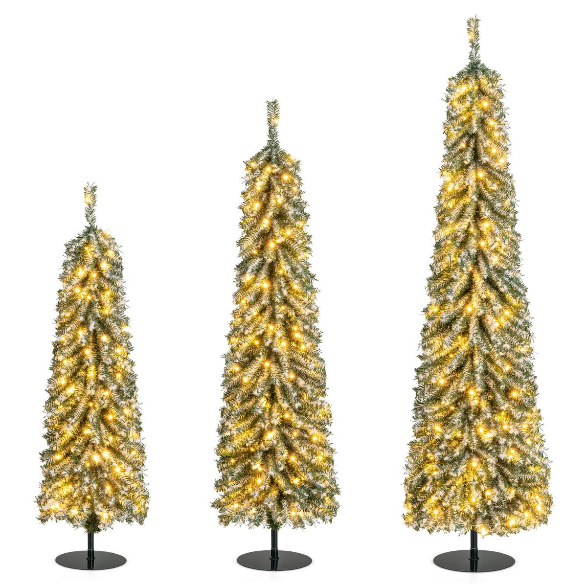 LIVSK Set van 3 Potloodvormige Kunstkerstbomen - 216, 302, 505 Takken - 100, 120, 180 LED-lampjes - Veilig en Stabiel - Groen +