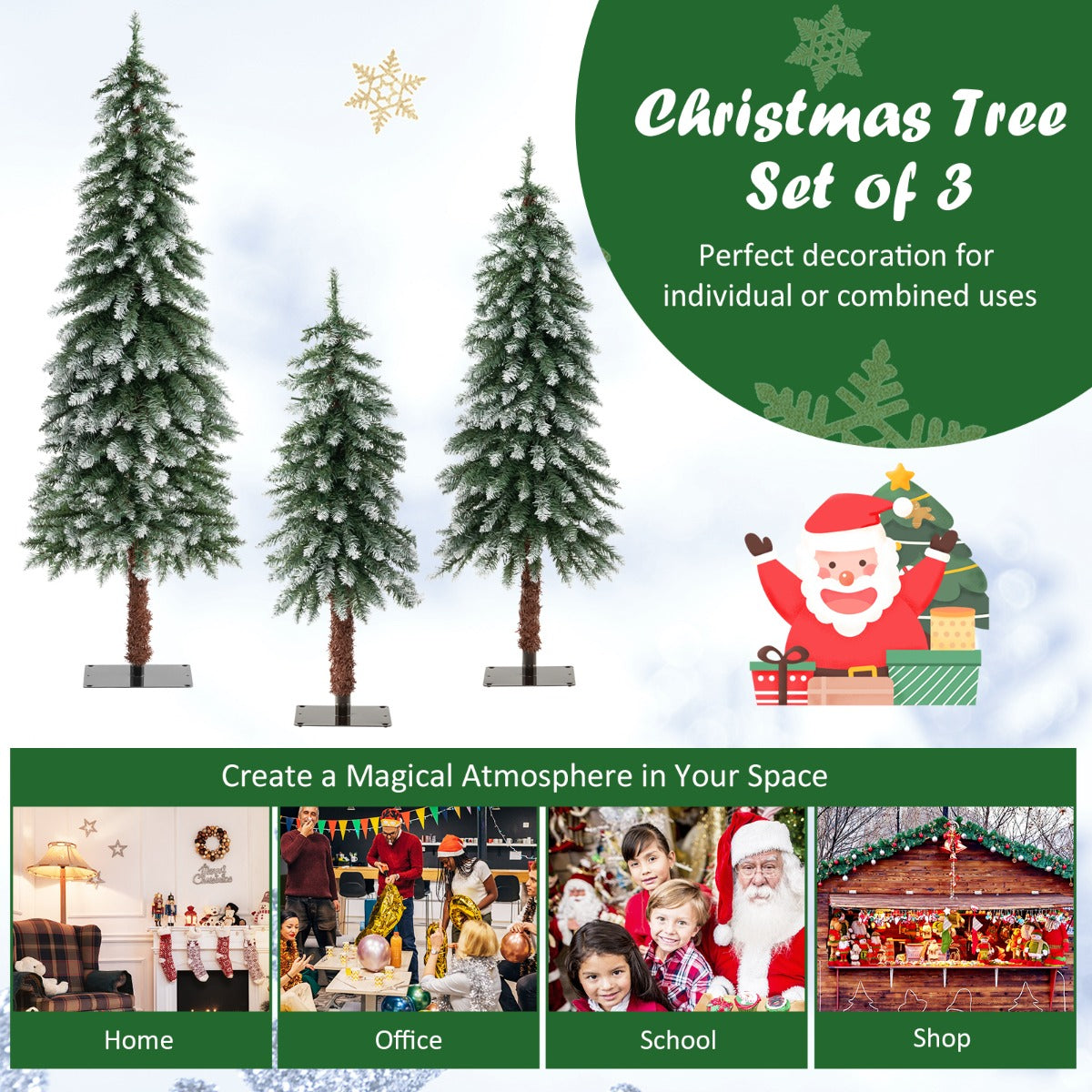 LIVSK Kerstbomenset - 3 Bomen in 90/120/150 cm - Sneeuwnaalden - LED-Verlichting - Duurzaam PVC - Groen en Wit