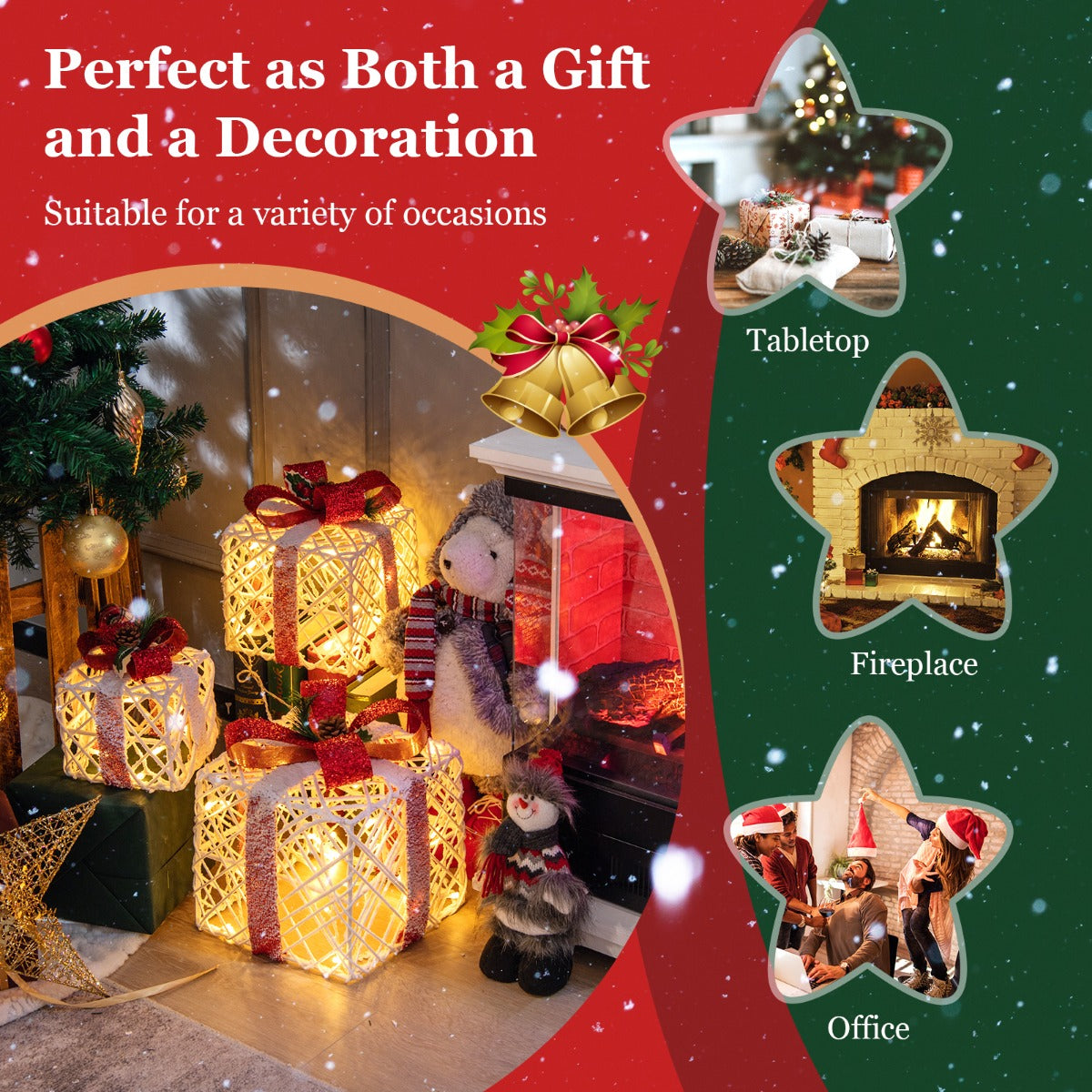 LIVSK Verlichte Kerstcadeaus - Set van 3 met 60 Warme Lampen - Timerfunctie - Waterdicht - Binnen en Buiten - Rood/Wit