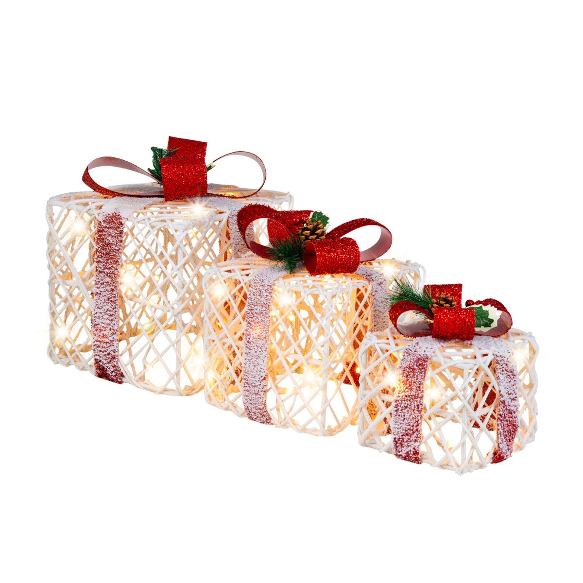 LIVSK Verlichte Kerstcadeaus - Set van 3 met 60 Warme Lampen - Timerfunctie - Waterdicht - Binnen en Buiten - Rood/Wit