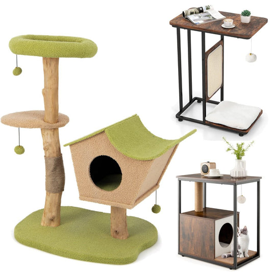 Livsk costway set van 3 multifunctionele kattenmeubels inclusief toren met krabpaal en kattenhuisje met antikantelvoorziening