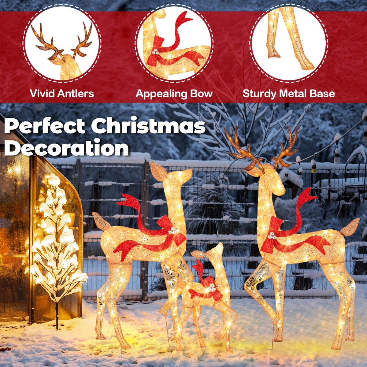 LIVSK 3-delige Verlichte Rendieren Set - 440 Warm Witte LED-lampjes - Weerbestendig - Eenvoudige Installatie - Hert 186 cm - Bruin
