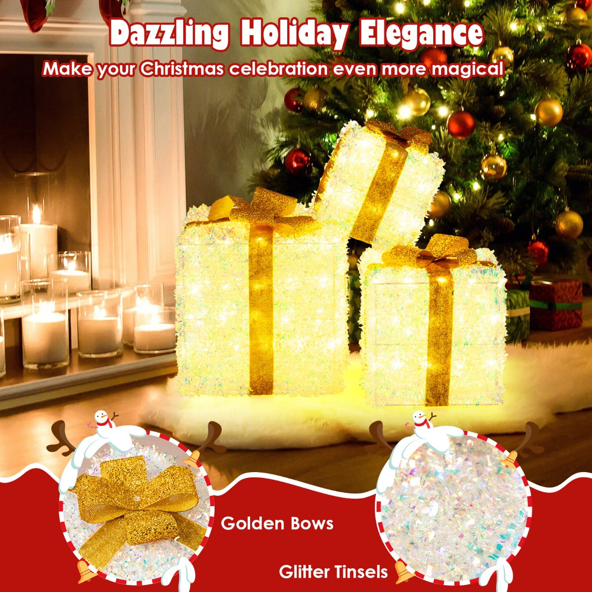 LIVSK Set Lichtgevende Kerstcadeaudozen - 40 + 60 + 100 Warmwitte LED's - Sterke Metalen Frames - Voor Binnen en Buiten -