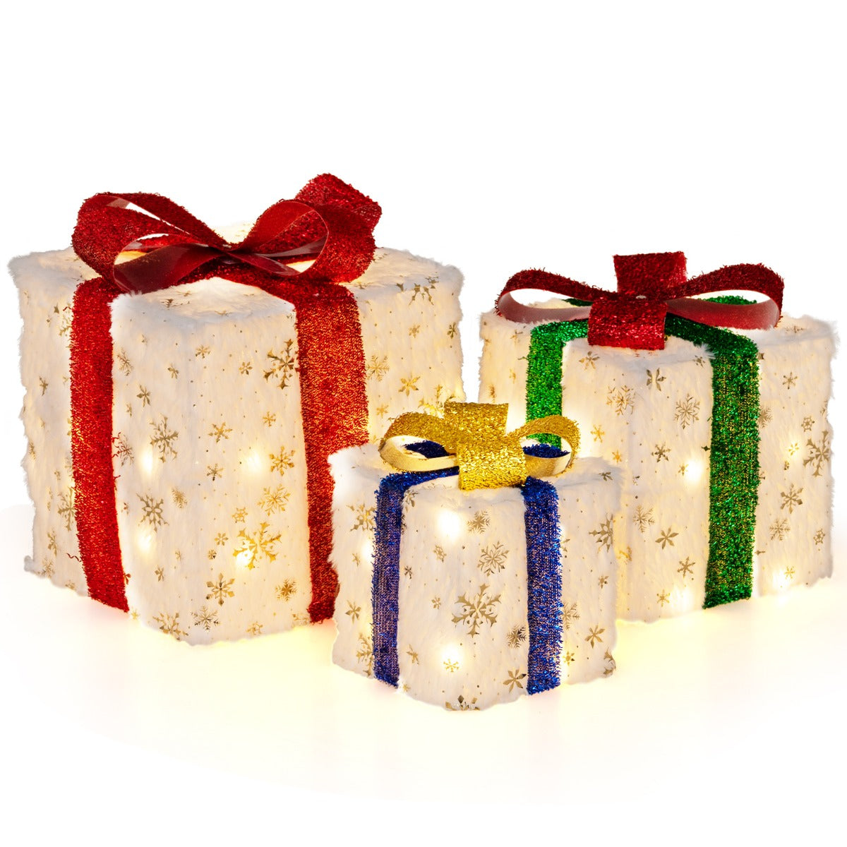 LIVSK Set van 3 Verlichte Kerstcadeaudozen - Waterdicht Pluche - Timerfunctie - 48 Warmwitte Lichten - Voor Binnen en Buiten -
