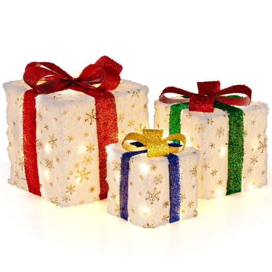 LIVSK Set van 3 Verlichte Kerstcadeaudozen - Waterdicht Pluche - Timerfunctie - 48 Warmwitte Lichten - Voor Binnen en Buiten -