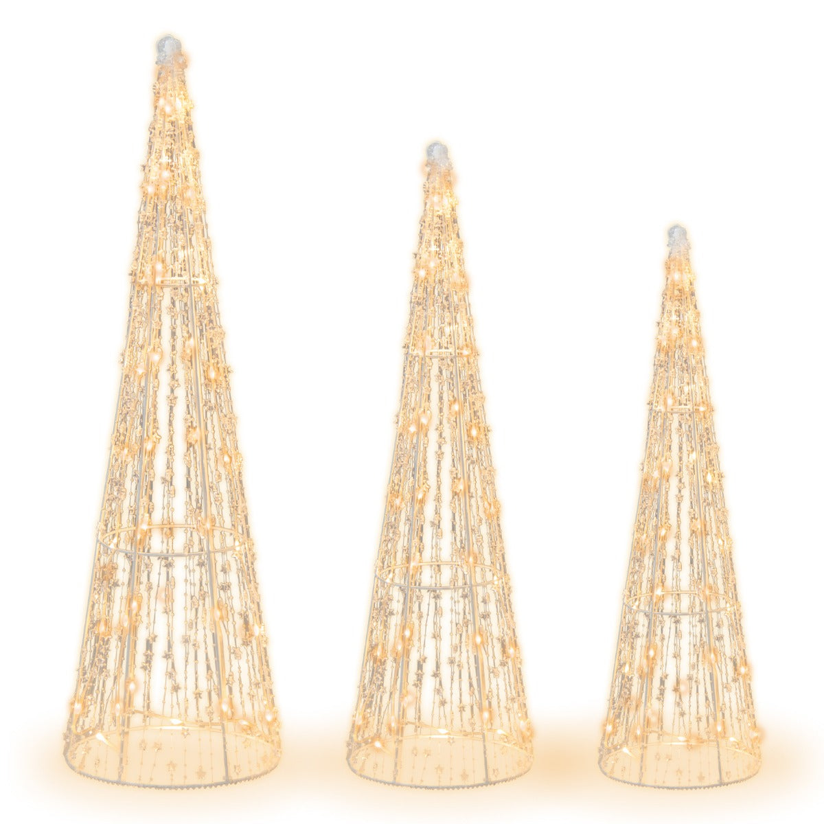 LIVSK Voorverlichte Kerstkegelbomen Set van 3 - 90 Warmwitte LED-lampjes - Sterrenslingers - Weerbestendig - Wit