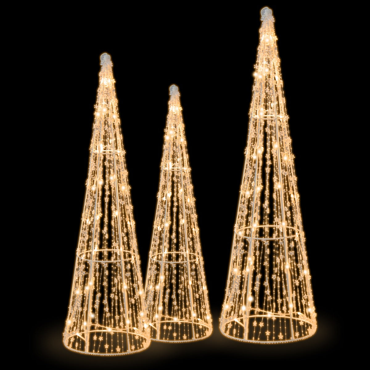 LIVSK Voorverlichte Kerstkegelbomen Set van 3 - 90 Warmwitte LED-lampjes - Sterrenslingers - Weerbestendig - Wit
