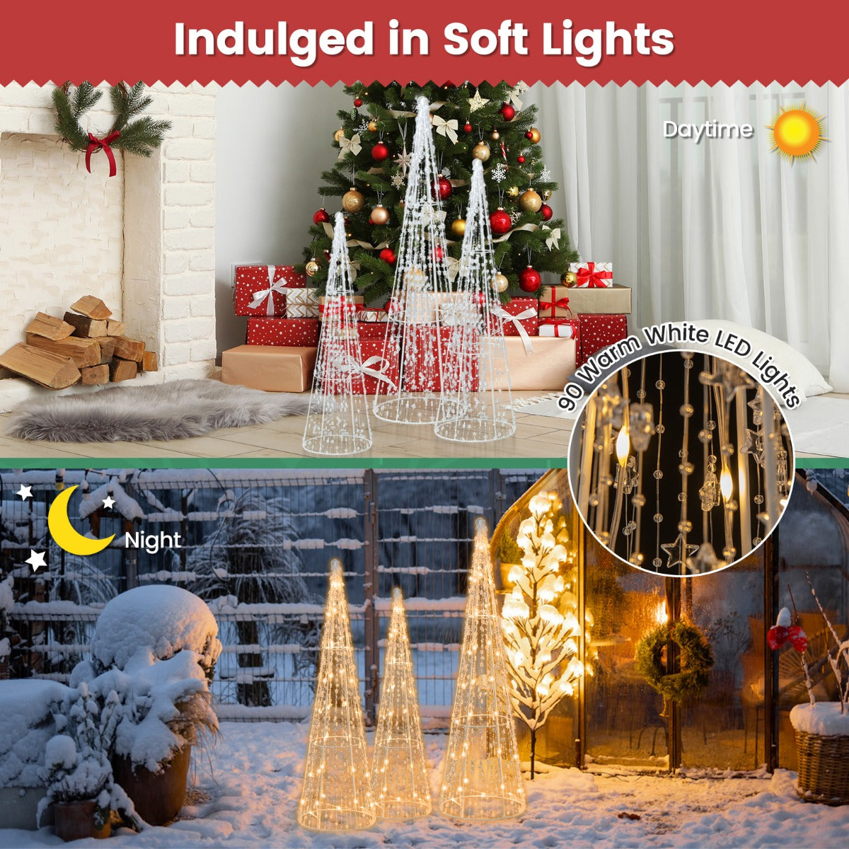 LIVSK Voorverlichte Kerstkegelbomen Set van 3 - 90 Warmwitte LED-lampjes - Sterrenslingers - Weerbestendig - Wit