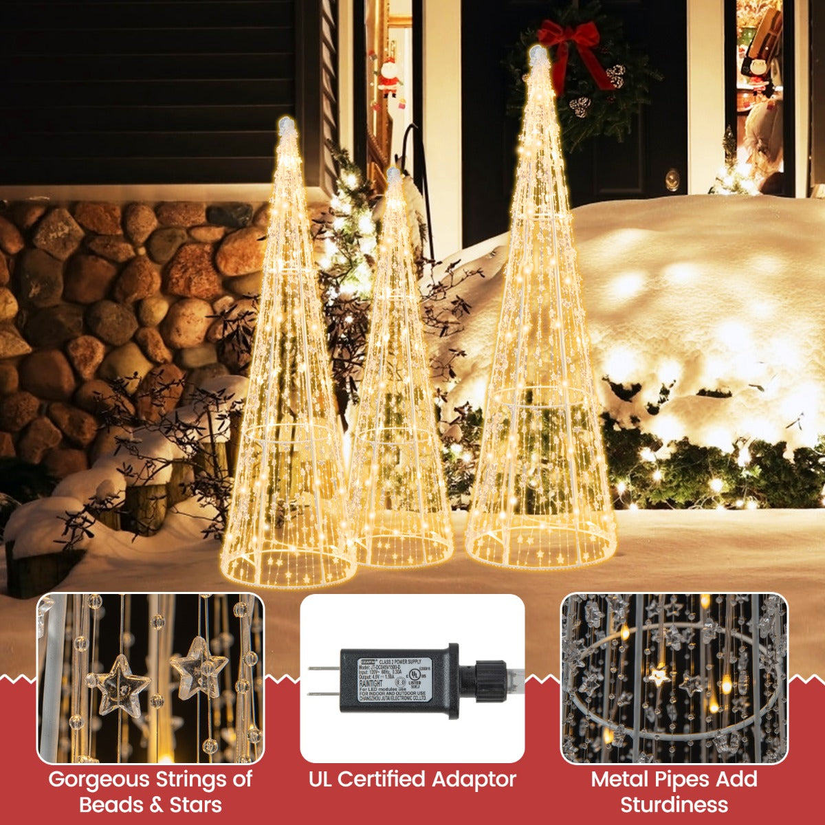 LIVSK Voorverlichte Kerstkegelbomen Set van 3 - 90 Warmwitte LED-lampjes - Sterrenslingers - Weerbestendig - Wit