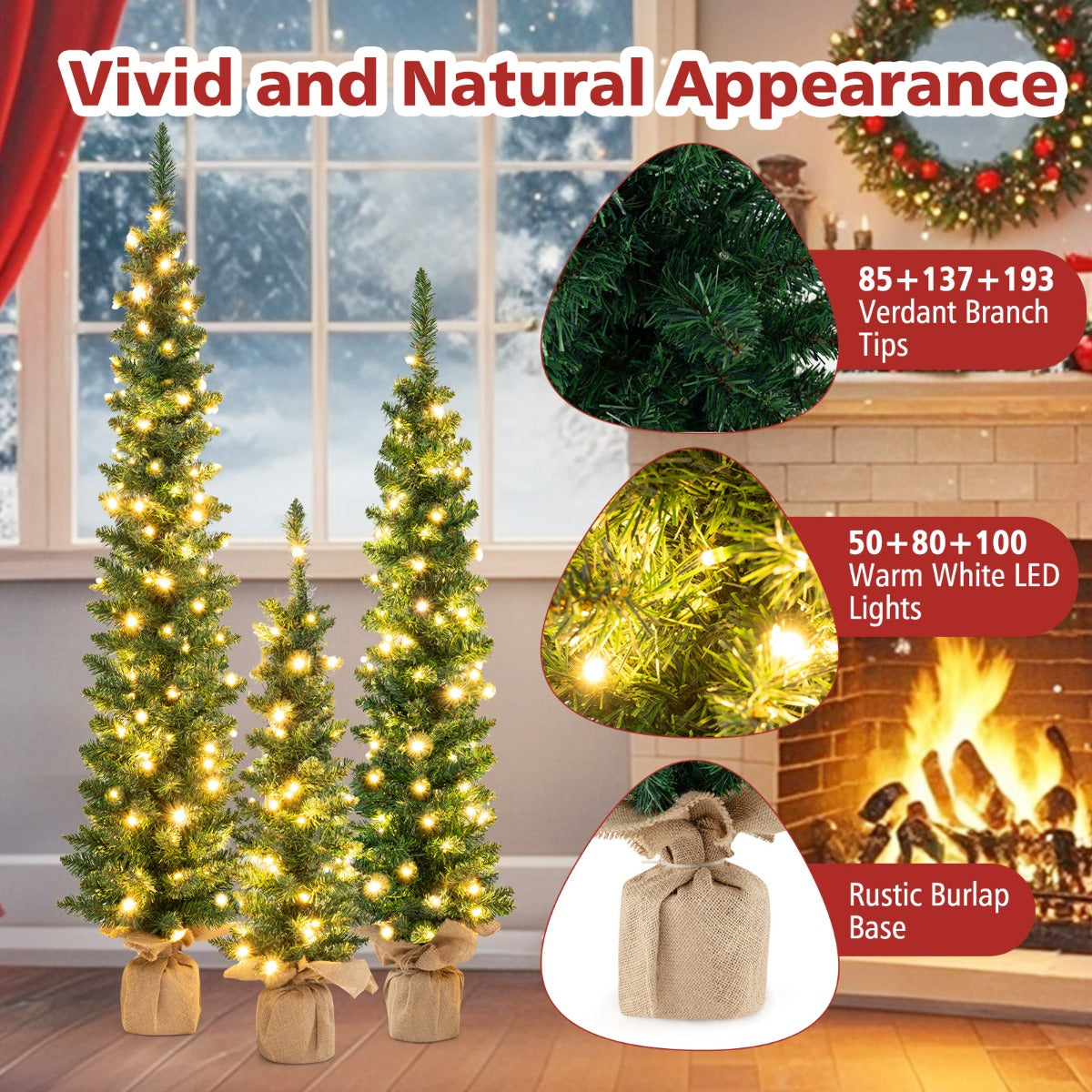 LIVSK Set van 3 Voorverlichte Kunstkerstbomen - Slank Ontwerp met Warmwitte LED - Vlamvertragend PVC - Hoogtes 90/120/150 cm -