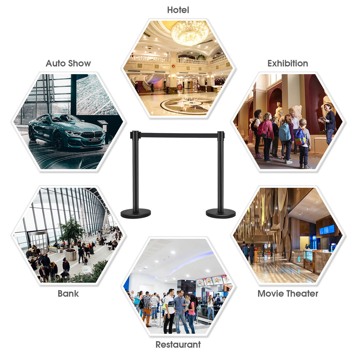 LIVSK Afzetpalen Set van 4 - Roestvrij Staal met Intrekbare Riemen - Flexibel en Veilig - Voor Wachtrijen - Zwart