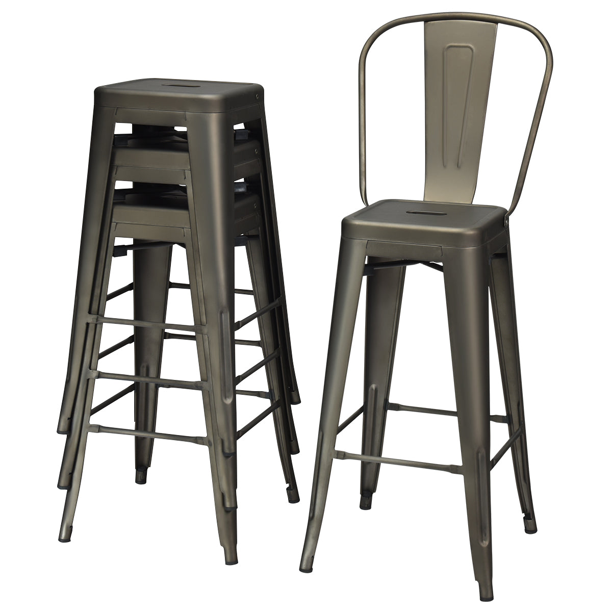 Livsk costway set van 4 barkrukken stapelbaar zithoogte 76 cm bistrostoel met afneembare rugleuning en voetkussens keukenkruk van metaal vintage 2