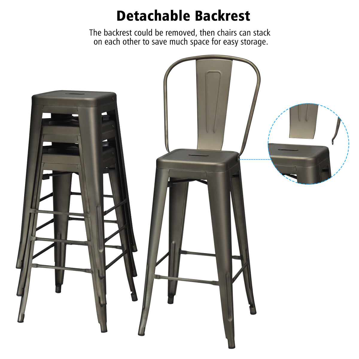 Livsk costway set van 4 barkrukken stapelbaar zithoogte 76 cm bistrostoel met afneembare rugleuning en voetkussens keukenkruk van metaal vintage 4