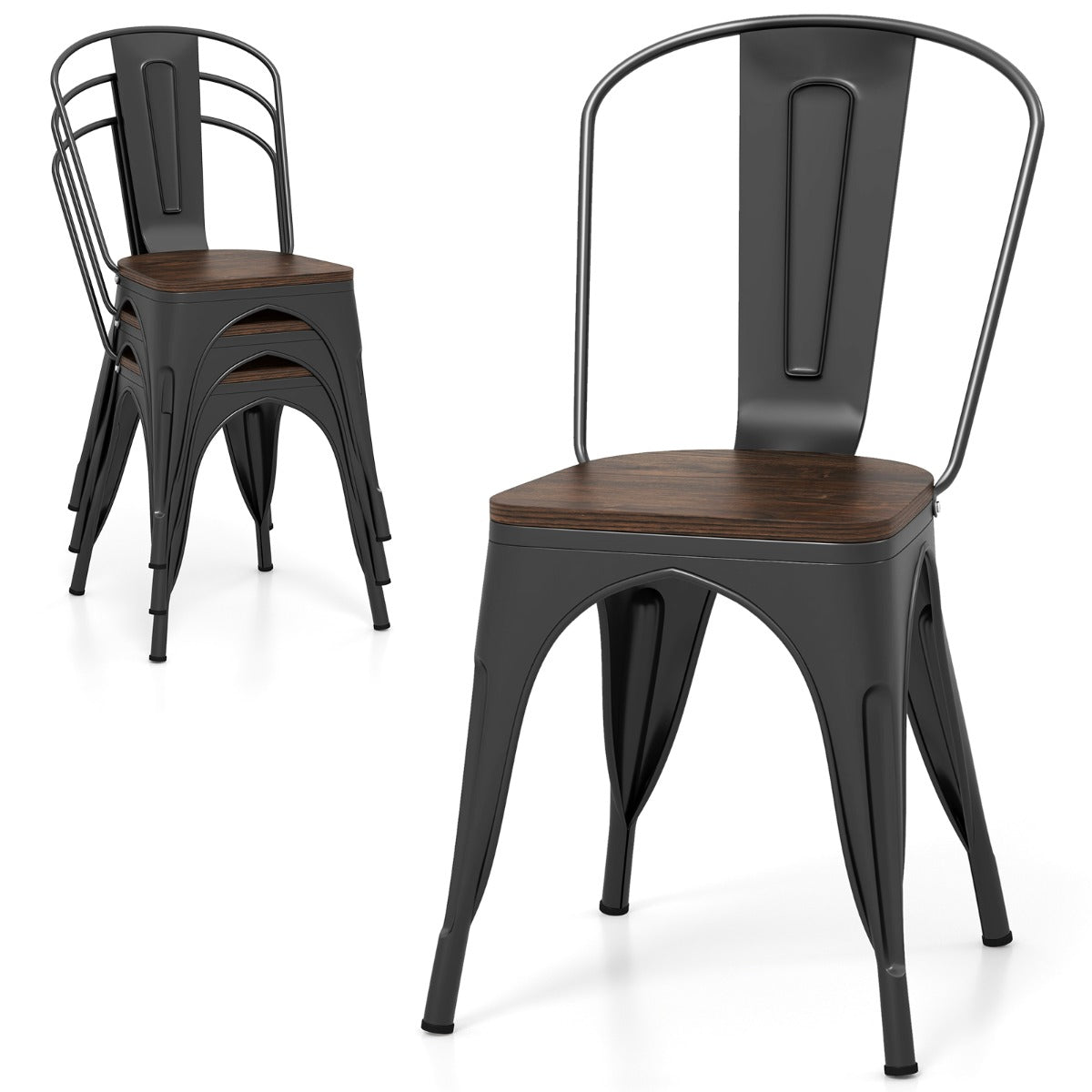 LIVSK Metalen Eetkamerstoelen - Ergonomisch en Stapelbaar - Versterkt Stalen Frame - Iepenhouten Zitting - Set van 4 - Zwart