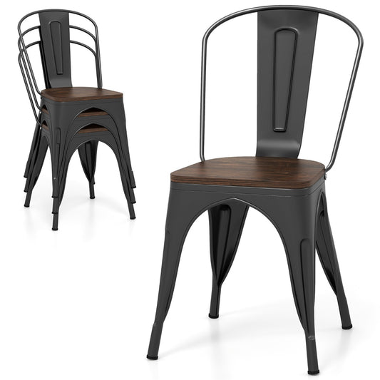 LIVSK Metalen Eetkamerstoelen - Ergonomisch en Stapelbaar - Versterkt Stalen Frame - Iepenhouten Zitting - Set van 4 - Zwart