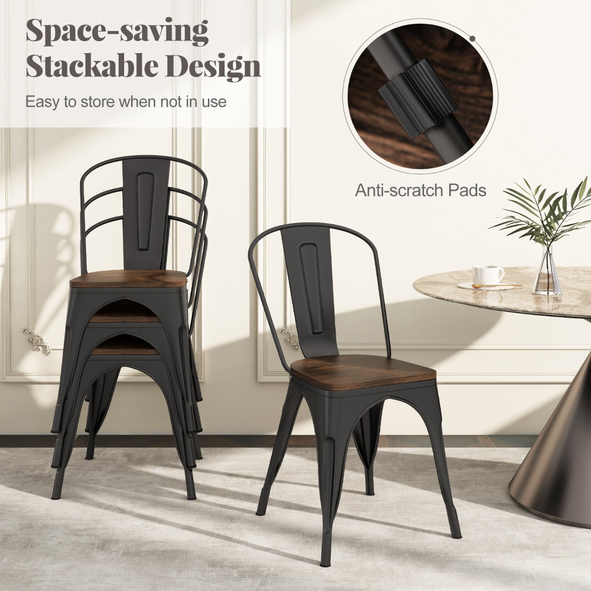 LIVSK Metalen Eetkamerstoelen - Ergonomisch en Stapelbaar - Versterkt Stalen Frame - Iepenhouten Zitting - Set van 4 - Zwart