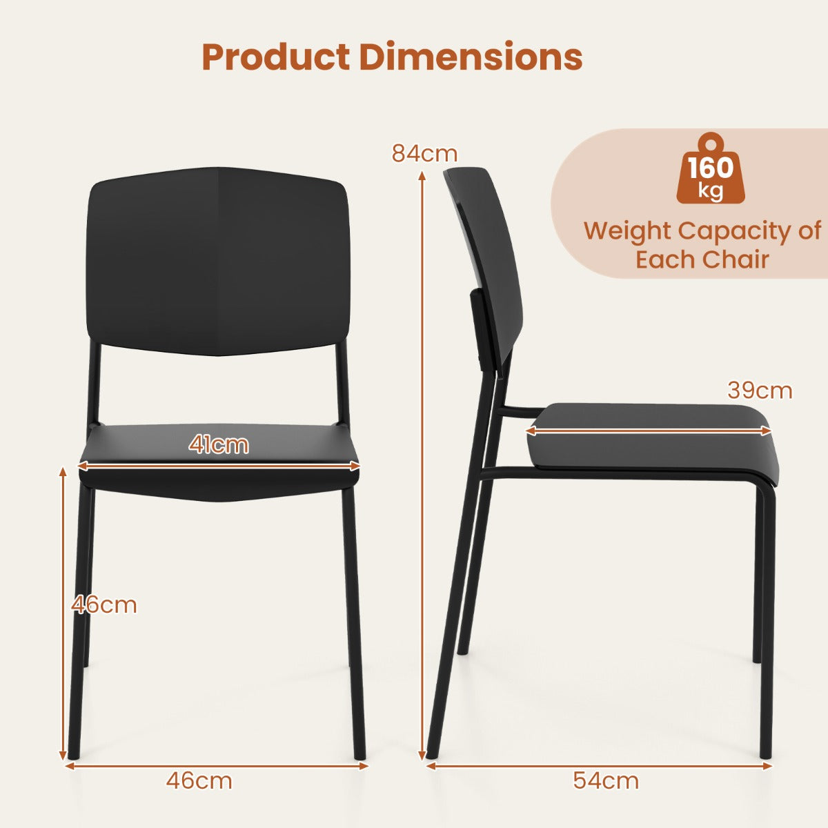 LIVSK Set van 4 Ergonomische Eetkamerstoelen - Stapelbaar - Antislip - Hoogwaardig PP - 160 kg - Zwart