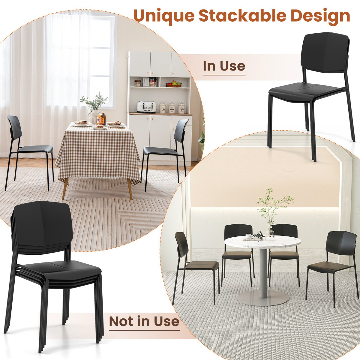 LIVSK Set van 4 Ergonomische Eetkamerstoelen - Stapelbaar - Antislip - Hoogwaardig PP - 160 kg - Zwart