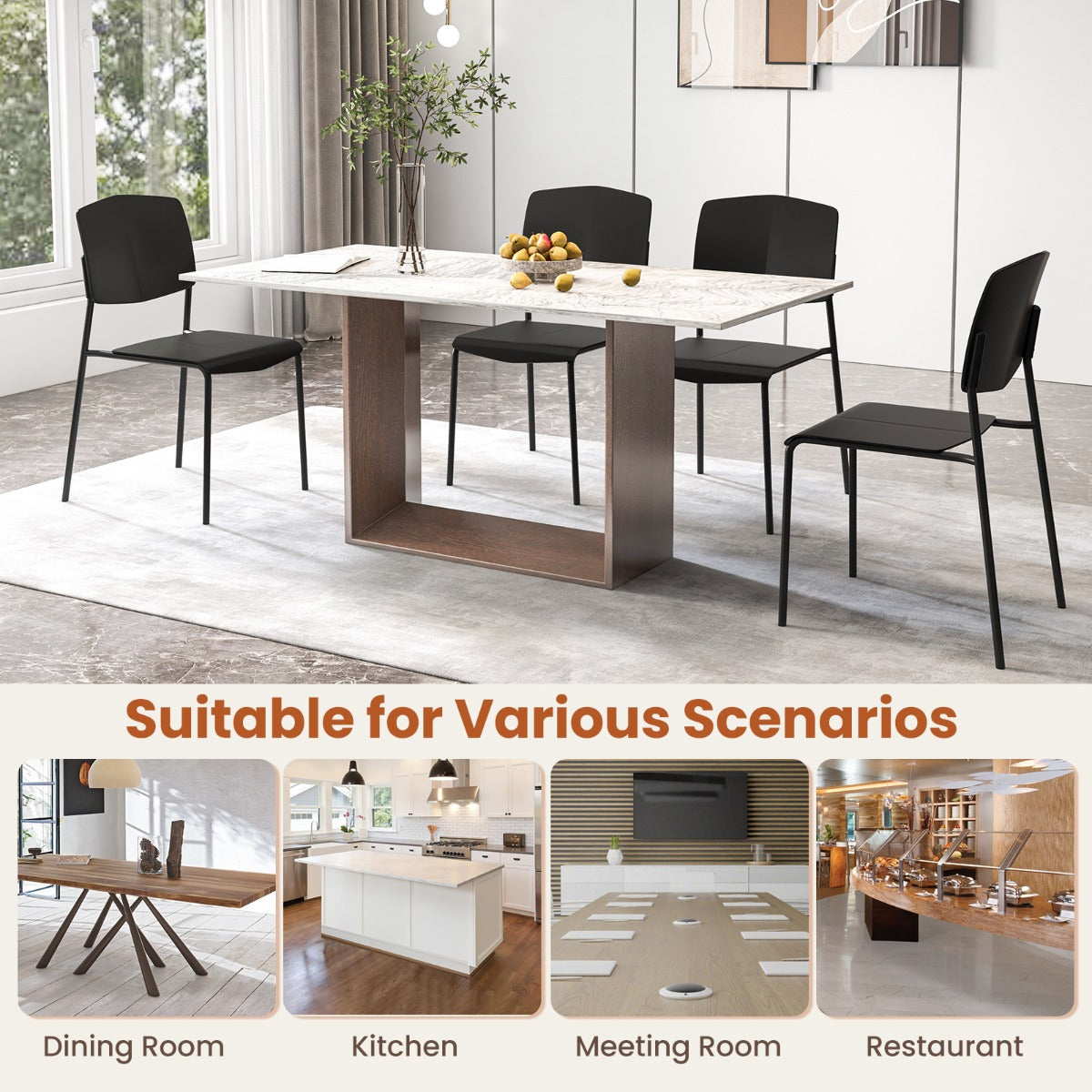 LIVSK Set van 4 Ergonomische Eetkamerstoelen - Stapelbaar - Antislip - Hoogwaardig PP - 160 kg - Zwart