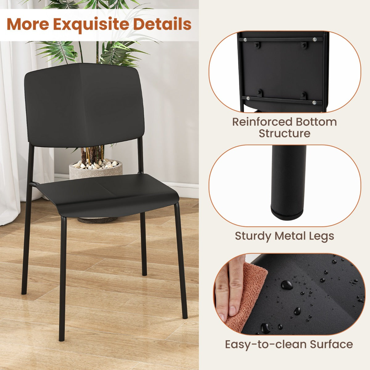 LIVSK Set van 4 Ergonomische Eetkamerstoelen - Stapelbaar - Antislip - Hoogwaardig PP - 160 kg - Zwart