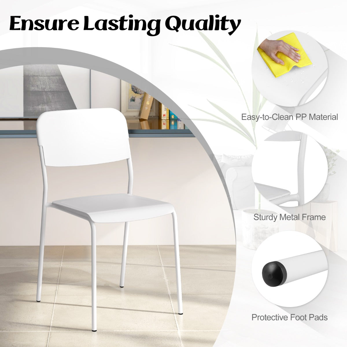 LIVSK Moderne Bijzetstoelen Set van 4 - Stapelbaar - Ergonomische Zitting - Stevige Metalen Poten - Voor Binnen en Buiten -