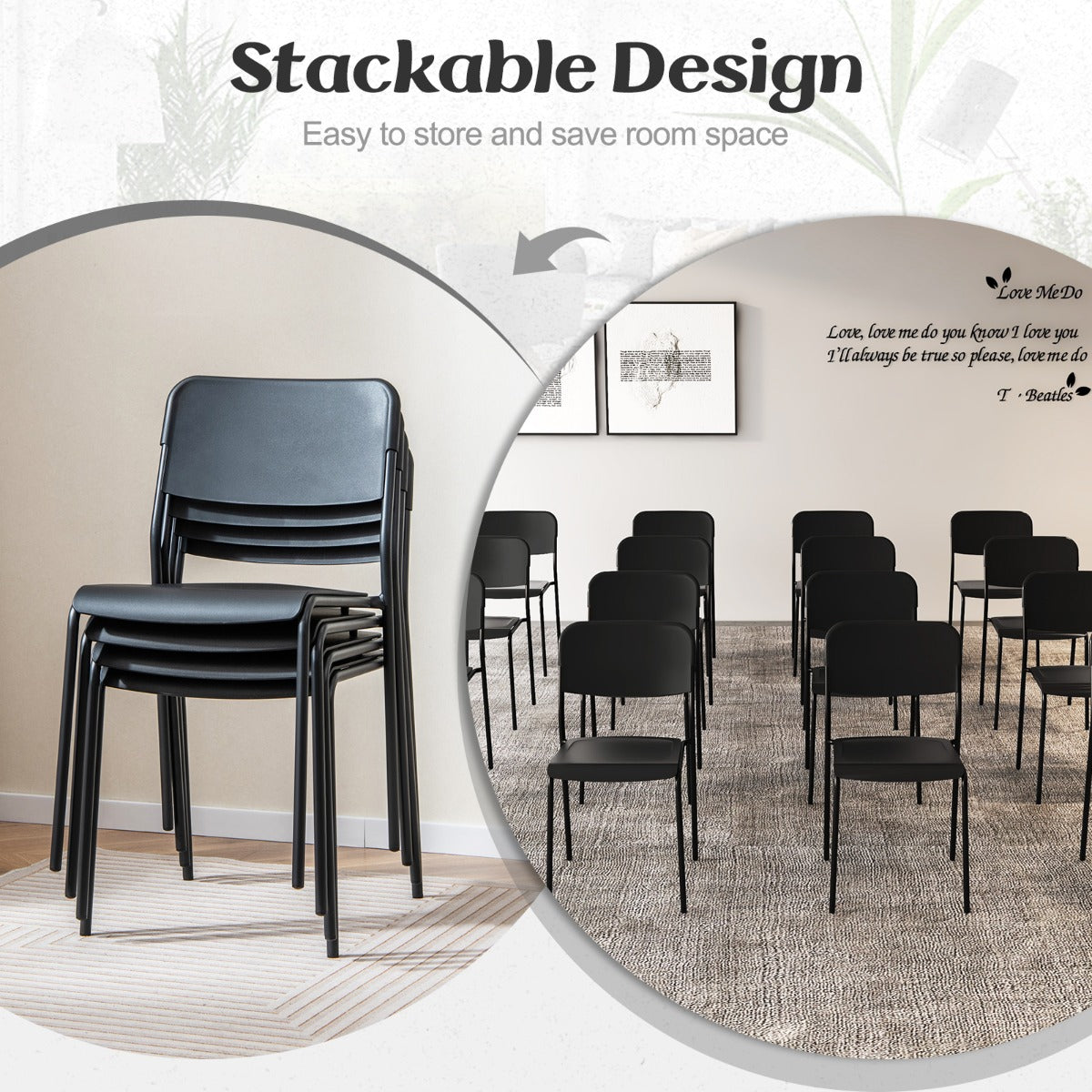 LIVSK Set van 4 Moderne Bijzetstoelen - Stevige Kunststof en Metalen Poten - Ergonomische Zitting - Ruimtebesparend - Zwart/Wit