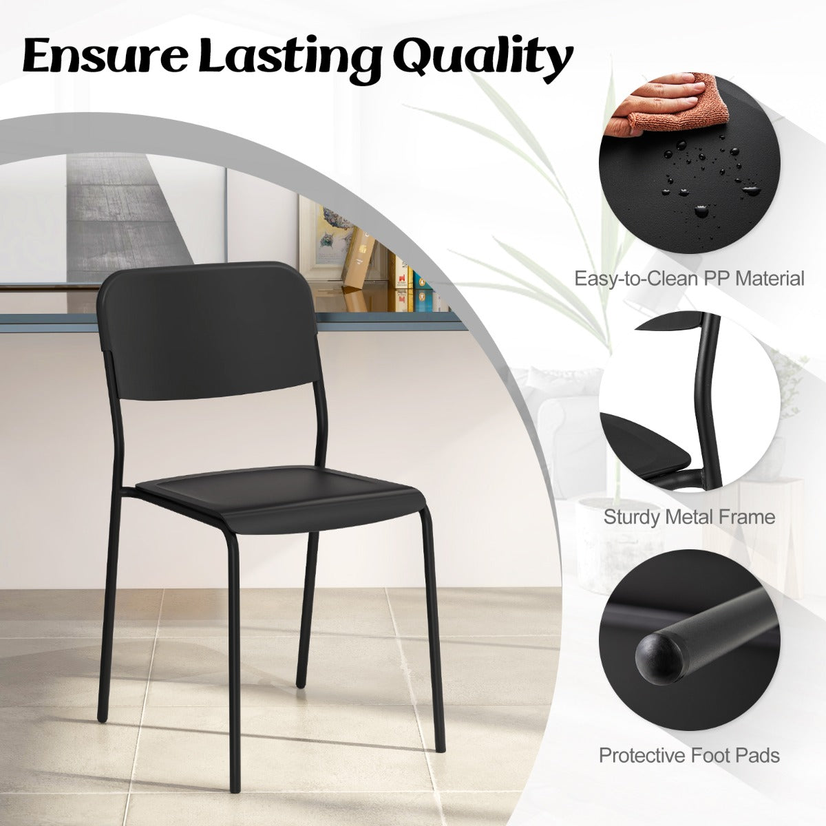 LIVSK Set van 4 Moderne Bijzetstoelen - Stevige Kunststof en Metalen Poten - Ergonomische Zitting - Ruimtebesparend - Zwart/Wit