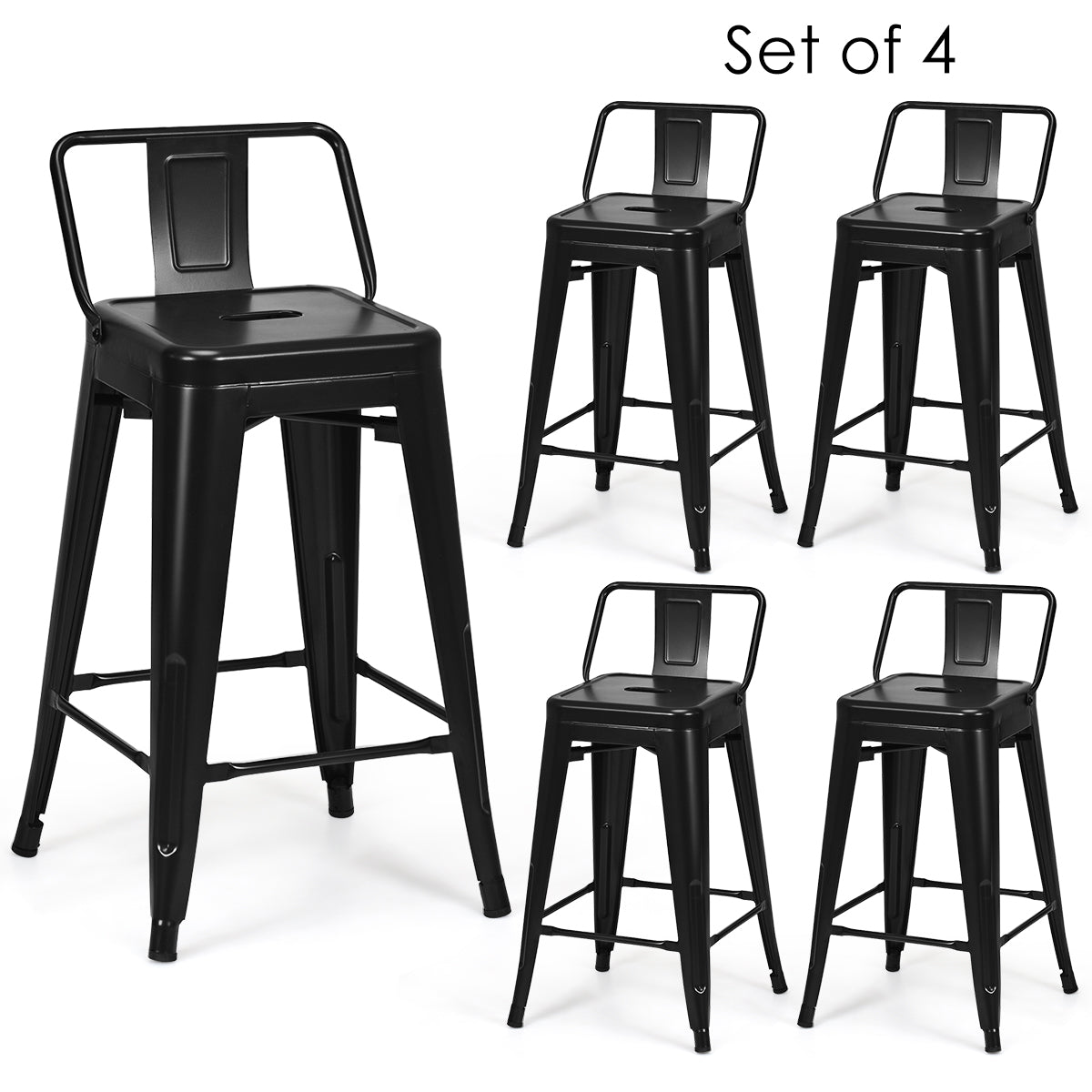 LIVSK Barkrukken Set van 4 - Stalen Constructie - Ergonomisch Design - Antislip Poten - Zithoogte 62 cm - Zwart