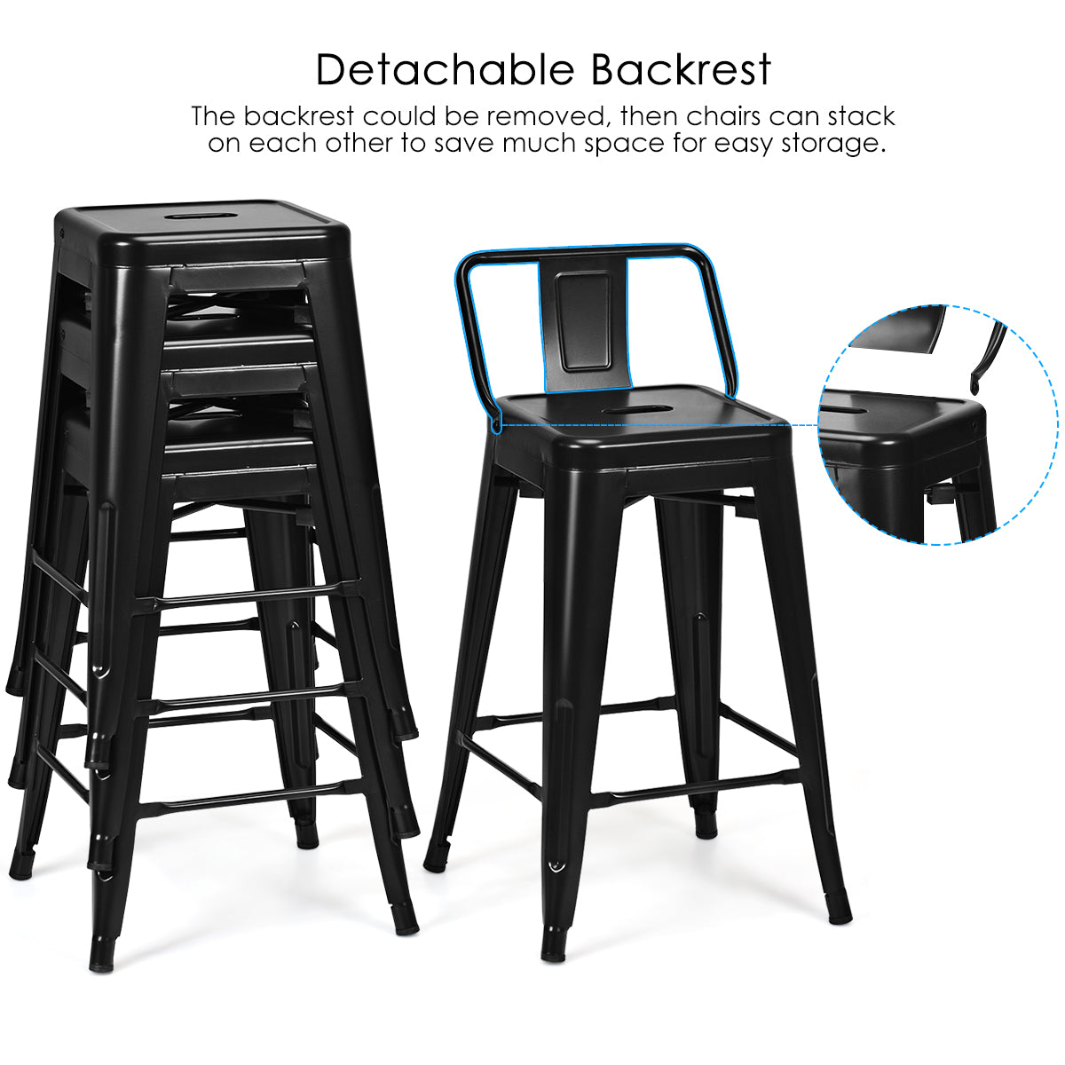LIVSK Barkrukken Set van 4 - Stalen Constructie - Ergonomisch Design - Antislip Poten - Zithoogte 62 cm - Zwart